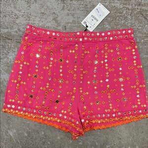 Zara Pink Embroidered High Waist Shorts